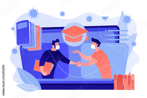 Teacher helping student in self-isolation at online lesson during covid-2019 quarantine. Online tutor, on-demand homework help, english teacher online concept. Coral blue vector isolated illustration