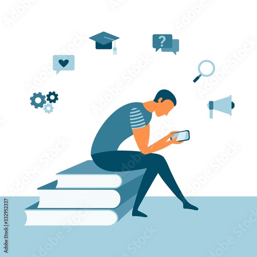 Online reading with a man sitting on books and using a smartphone. Mobile app concept for learning or reading. Education concept. Vector student design