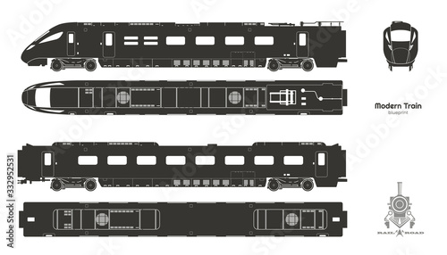 Black silhouette of modern train. Side, top and front views. Isolated locomotive blueprint. Railway vehicle. Railroad pessenger transport
