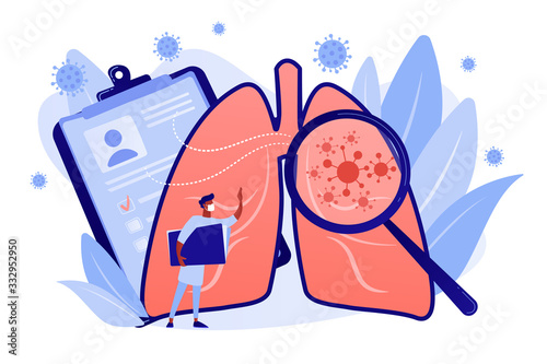 Covid-2019 symptoms, damaged lungs, fever, positive pcr test . Cough, shortness of breath, lungs ventilation, death toll, healthcare system collapse concept. Coral blue vector isolated illustration