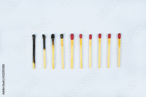 Ten burned matches arranged in a row showing the stages of a match burnt