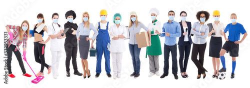 coronavirus, pandemic, health care and unemployment concept - set of different people in protective mask isolated on white