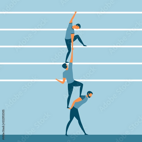 Support, friendship and teamwork concept. Three people helping each other or career or life ladder. Vector