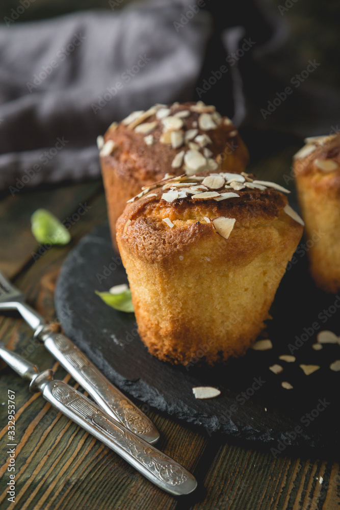 Fresh muffins with marzipan and almonds Fresh muffins with marzipan and almonds