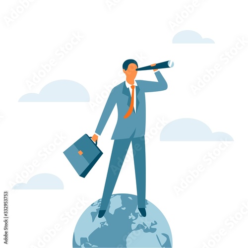 Businessman standing on the top of the world and looking for new opportunities. Success, global leadership or the winner business concept. Global market control. Vector