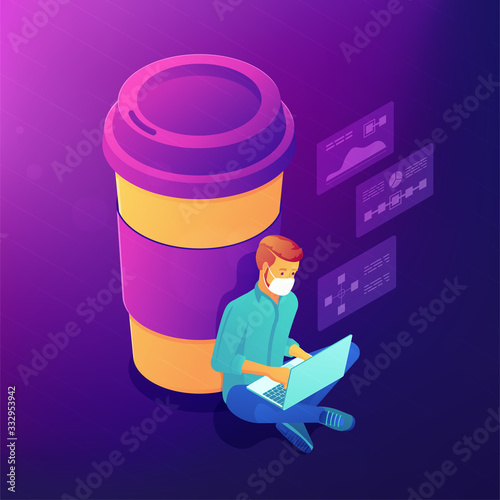 Isometric freelance designer and developer working in covid-19 virus self-quarantine abstract concept. Online communication, distance job, isolation 3D isometric illustration on violet background.