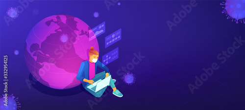 Isometric global lockdown during covid-19 pandemic abstract concept. Employee at self-quarantine. Home isolation, virus spread prevention measures vector 3D isometric illustration on violet background