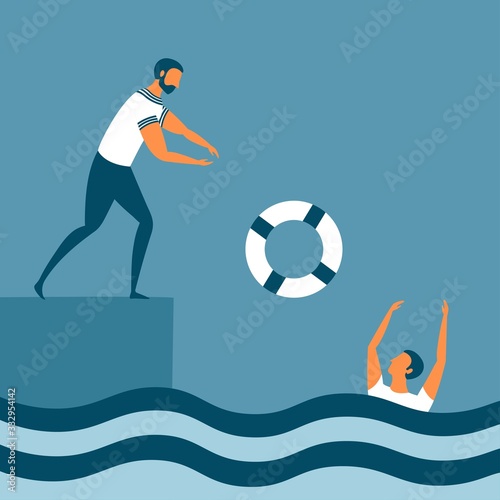 Help by drowning with a lifebuoy. Methaphor for insuarance and financial crisis. Business concept with two people for corporate sector, teamwork or startup. Vector
