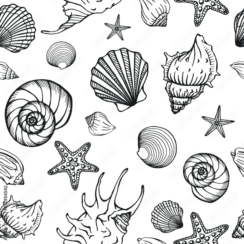 Seamless pattern with seashells, corals and starfishes. Marine background. Perfect for greetings, invitations, manufacture wrapping paper, textile and web design. Seamless pattern with seashells, corals and starfishes. Marine background. Perfect for greetings, invitations, manufacture wrapping paper, textile and web design.