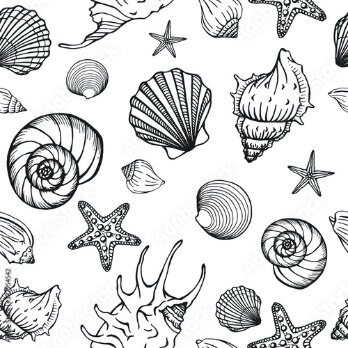 Seamless pattern with seashells, corals and starfishes. Marine background. Perfect for greetings, invitations, manufacture wrapping paper, textile and web design.