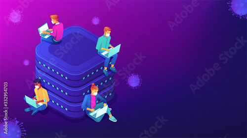 Isometric business process change during covid-2019 quarantine abstract concept. Team working online on self-isolation. Big data analysis, market trends vector 3D illustration on violet background.