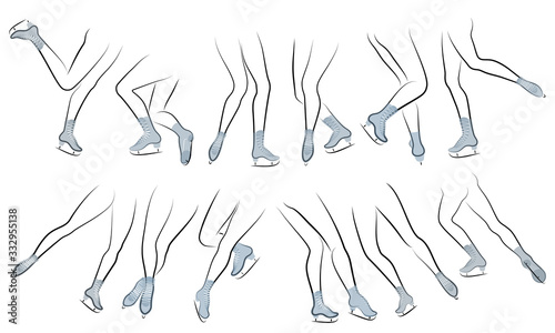 Collection. Silhouette of beautiful slender female legs in skates. Girl gymnast, lady dancing, figure skating. Vector illustration set