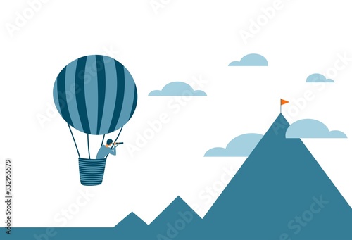 Career or business vision concept with a man flying in a hot air ballon and searching for new goals and opportunities. Vector