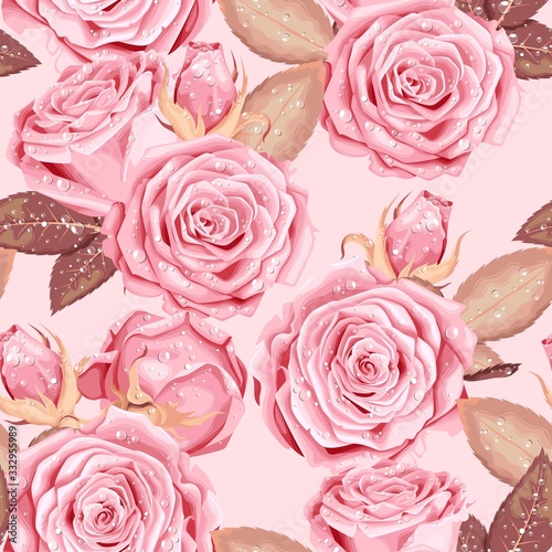 Vintage vector seamless pattern with pink roses