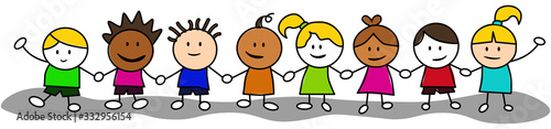 Group of kids hand in hand in cute character vector.