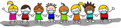 Group of kids hand in hand, wearing masks due to the corona virus pandemic, in cute character vector.