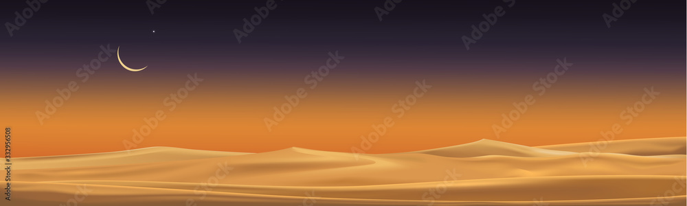 Desert landscape with sand dunes with crescent moon and star at dark night for banner or background in ramadon, vector illusion Minimalist panoramic realistic cartoon of nature, sand with the moon.