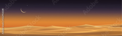 Desert landscape with sand dunes with crescent moon and star at dark night for banner or background in ramadon, vector illusion Minimalist panoramic realistic cartoon of nature, sand with the moon. © Anchalee