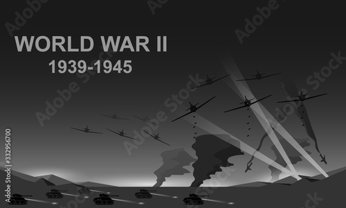 World War II 1939-1945 black and white vector illustration. Night battlefield scene monochrome icon.