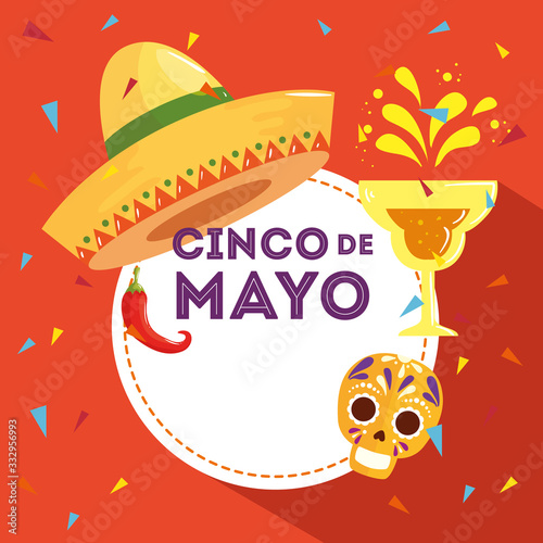 cinco de mayo poster with hat wicker and decoration vector illustration design
