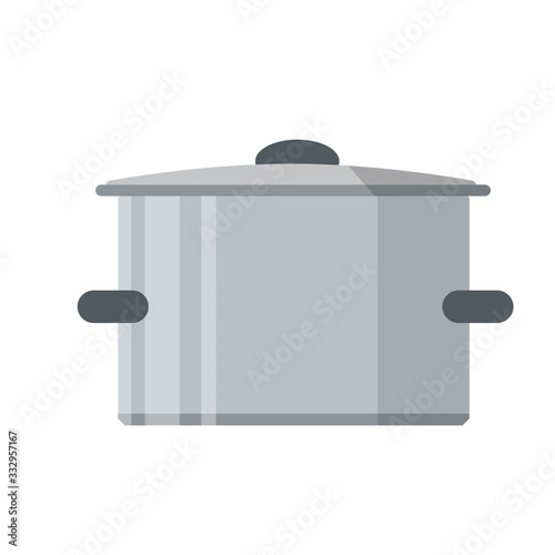 Pan. Grey steel cookware. Big utensil with lid for boiling broth and porridge on blue gas fire. Flat Kitchen element and soup preparation.