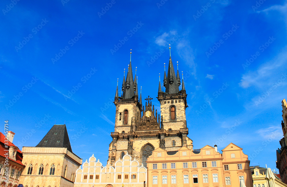 Fototapeta premium Church of Our Lady before Tyn in Prague against a blue sky, Czech Republic. Prague architecture and landmark, Prague postcard