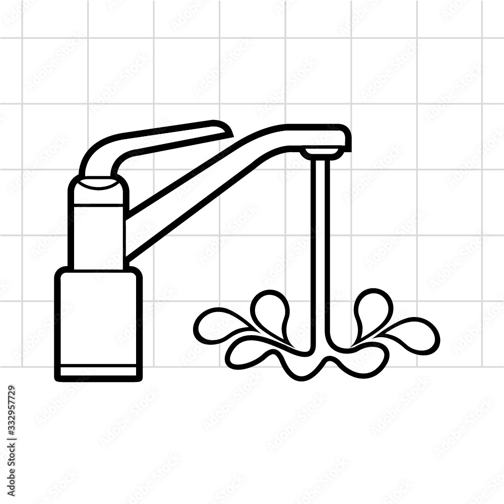 black and white flowing water tap over tile background drawing 