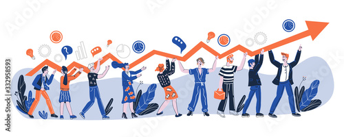 Business team successful work and cooperation with people rising up arrow. Teamwork competition and corporate unity. Financial growth and company development. Cartoon vector illustration isolated.