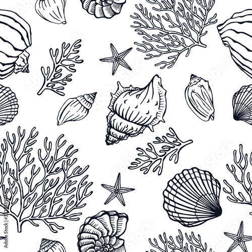 Seamless black-white pattern with seashells, corals and starfishes. Marine background.  Hand drawn vector illustration in sketch style. Perfect for greetings, invitations, coloring books, textile, wed
