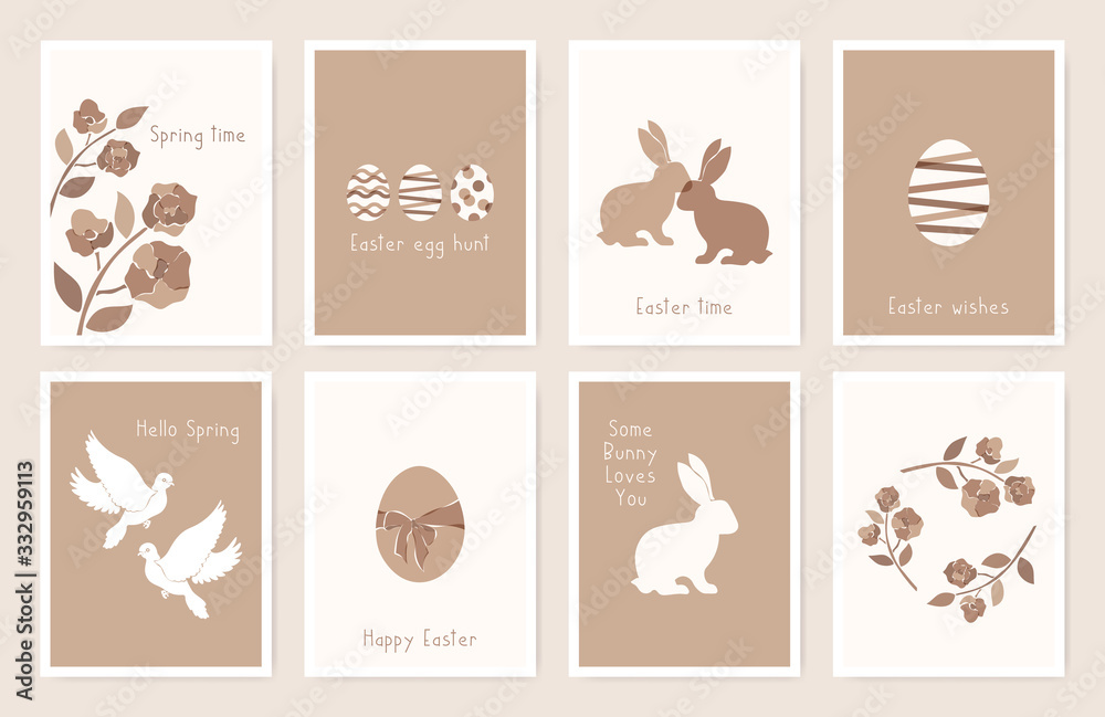 Happy easter gritting card set of eggs, rabbit, pigeon, flower and wreath icons.