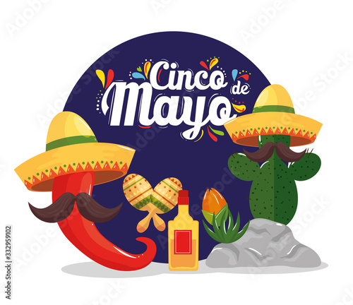 cinco de mayo poster with cactus and icons decoration vector illustration design