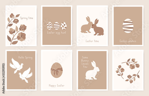 Happy easter gritting card set of eggs, rabbit, pigeon, flower and wreath icons.