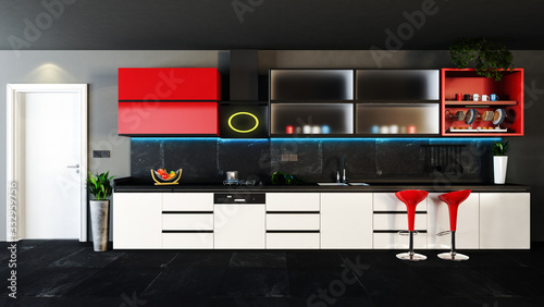 Red and black kitchen design with dark interior concept decor idea