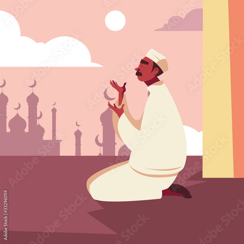 man muslim praying in mosque, ramadan kareem