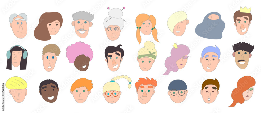 Fototapeta premium Hand drawn vector set of 24 characters of different sex, age and ethnic group.