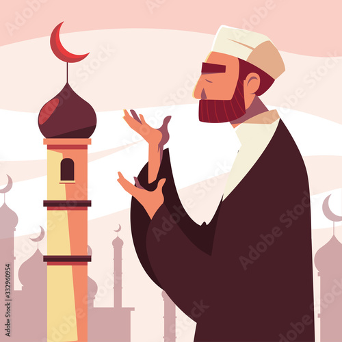 man muslim praying in mosque, ramadan kareem