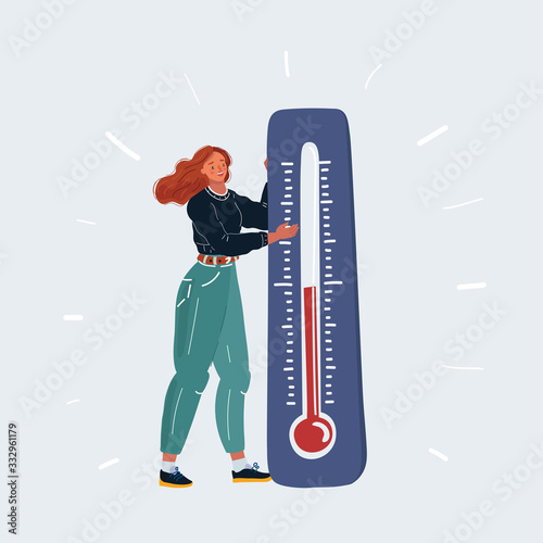 Woman with big thermometer in her hands. She takes measurements of the environment temperature