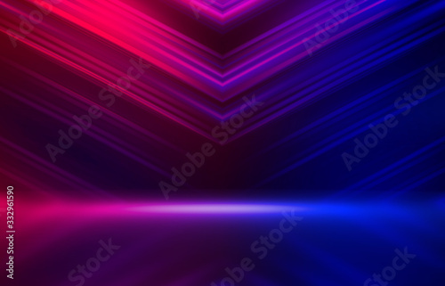 Background empty show scene. Ultraviolet dark abstract background. Geometric neon shapes, neon glow, blue and pink lighting © Laura Сrazy