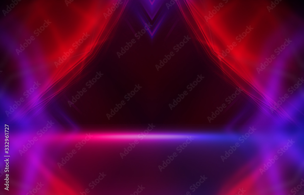 Background empty show scene. Ultraviolet dark abstract background. Geometric neon shapes, neon glow, blue and pink lighting