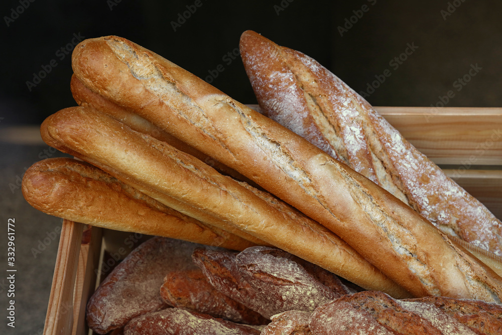 Fresh French baguette bread on retail display