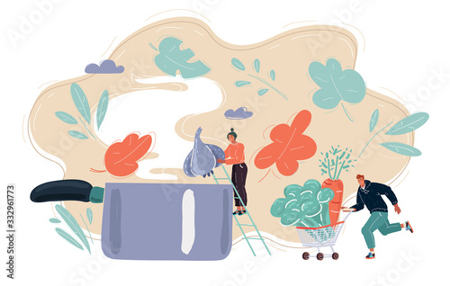 Tiny woman cooking. She throws garlic into a big pan