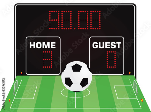 Soccer field, ball and scoreboard. vector illustration