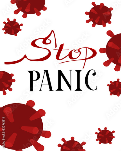 Stop the panic. Coronavirus. Postcard, information brochure. Preventive measures. Molecule.