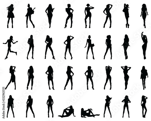 Black silhouettes of beautiful girls in various poses on a white background