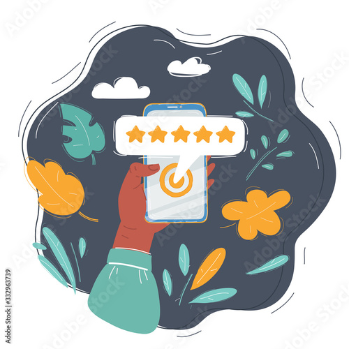 Illustration of hand with smartphone with fivestar rating on dark background.
