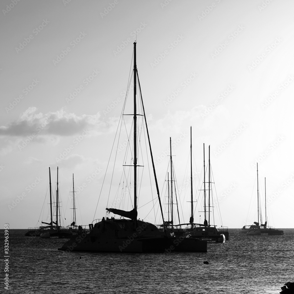 Yachts in the Bay. Silhouettes of yachts at sunset.