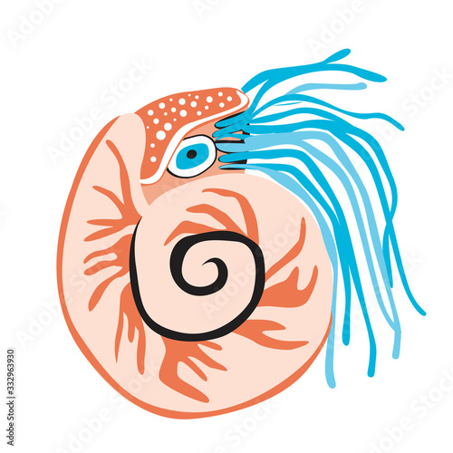 Nautilus character isolated on white background for design or print baby, scandinavian flat vector stock illustration with sea animal in on the seabed