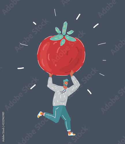 Illustration of man run with tomato on dark background.