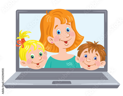 Mother, son and daughter. Family on a laptop screen. Video chat online. Internet communication during quarantine. In cartoon style. Vector illustration