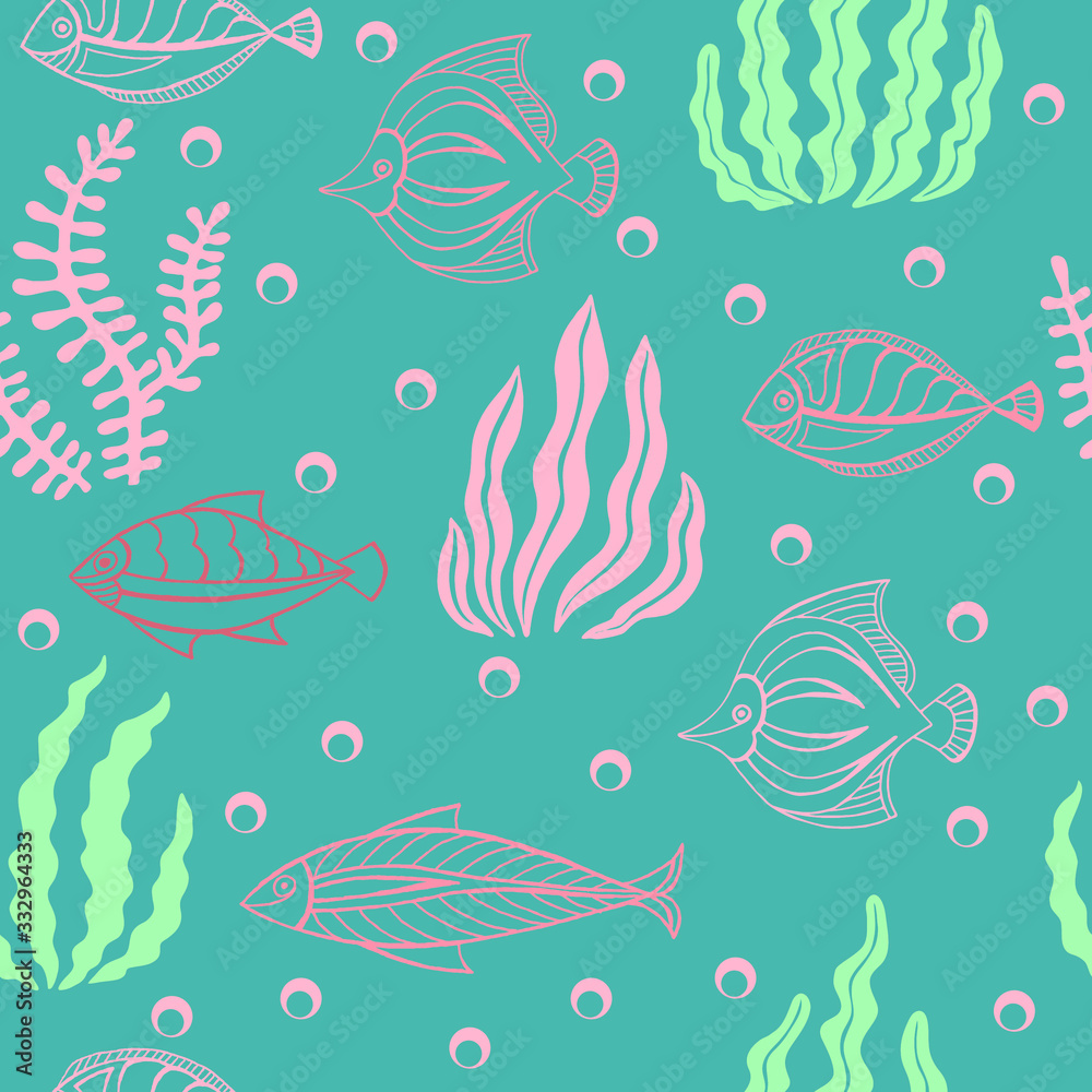 Hand drawing seamless vector drawing of seaweed. Pattern with fish and seaweed on a blue background for printing fabric, textile.